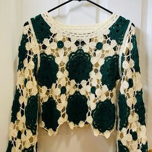 Rebellion Green and Cream Cropped Embellished Blouse